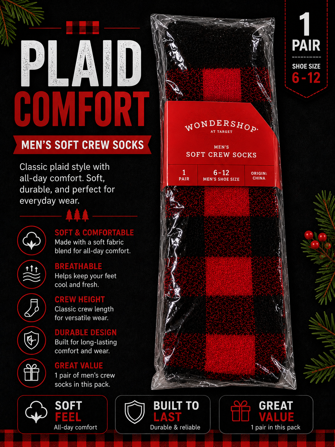 Wonder shop men’s super soft crew socks (1 Pair) 7-a