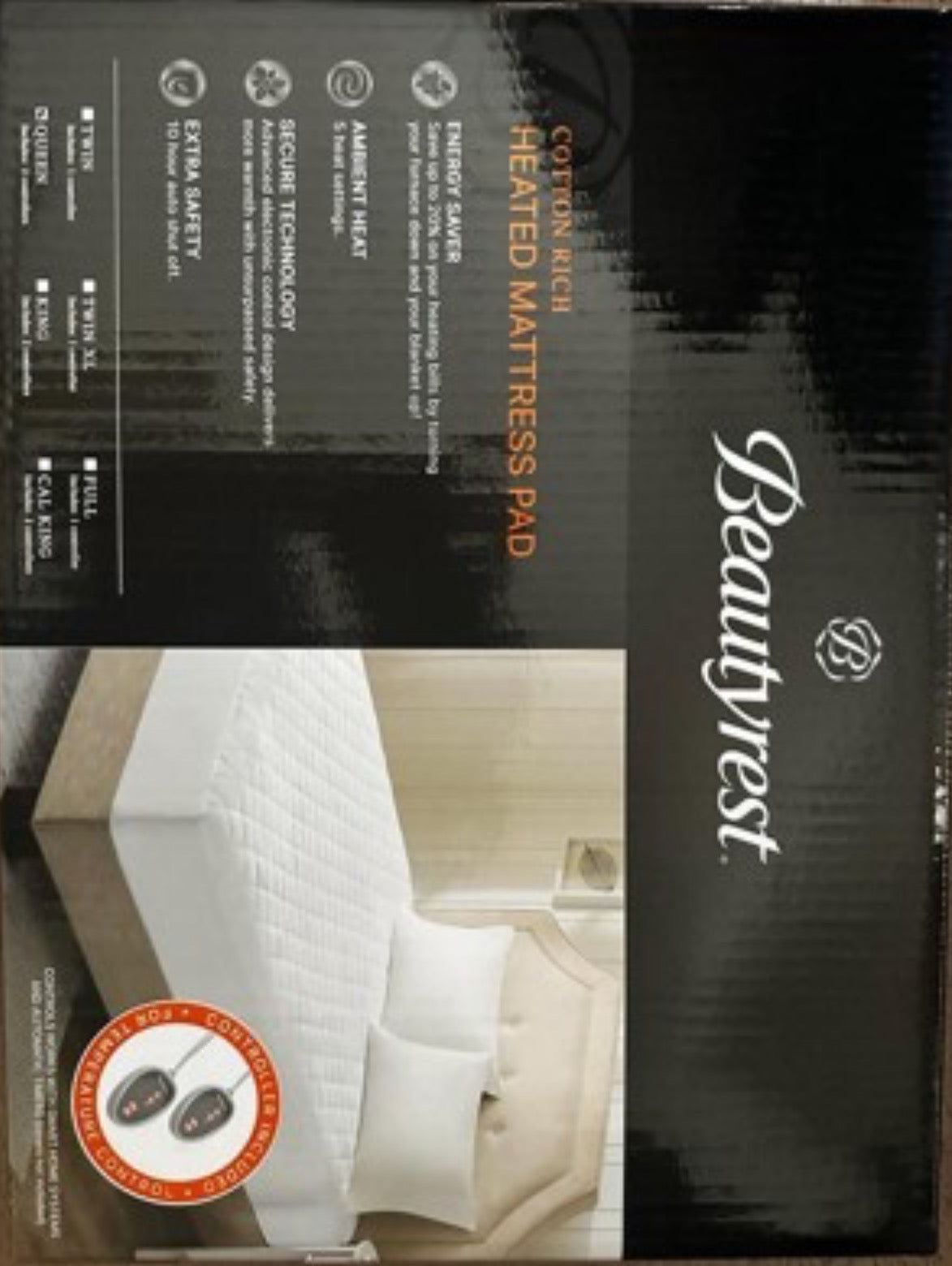 Beautyrest brand microfiber heated mattress pad featuring 3M Scotchgard protection. 3-A