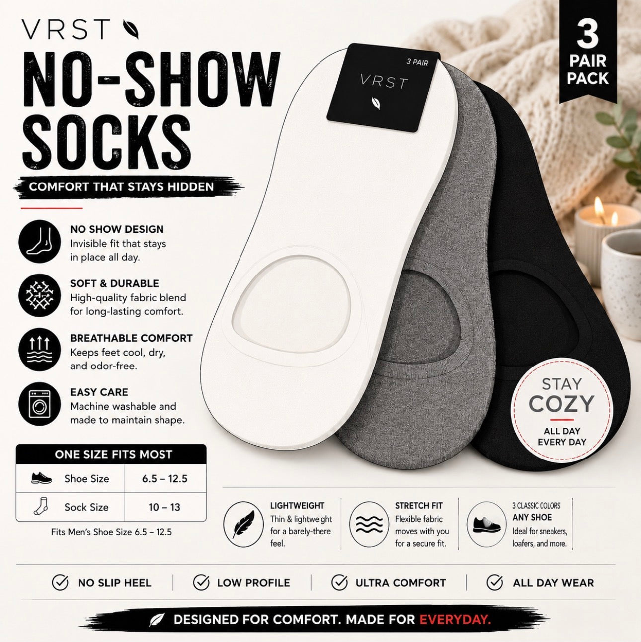 VRST branded no-show socks. 4-C