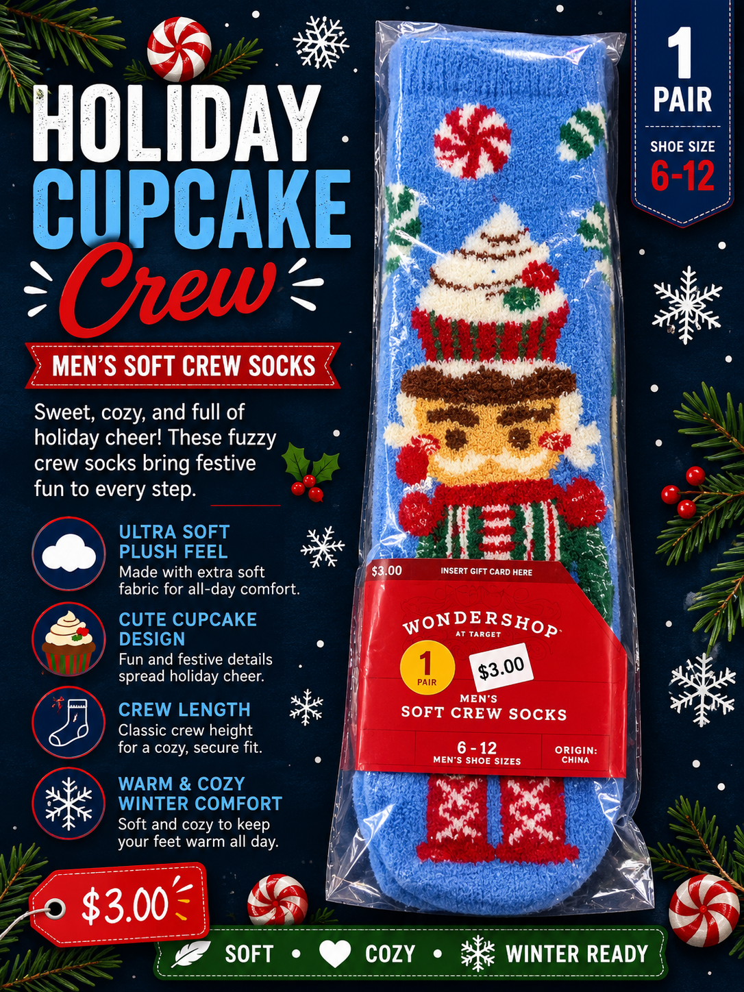 Wonder shop men’s super soft crew socks (1 Pair) 7-a