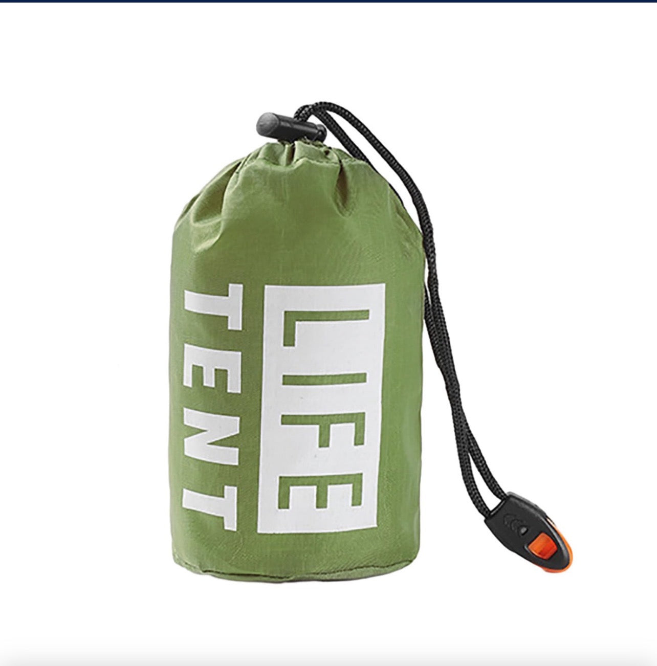 emergency survival tent in a green storage sack labeled "LIFE TENT". 4-C