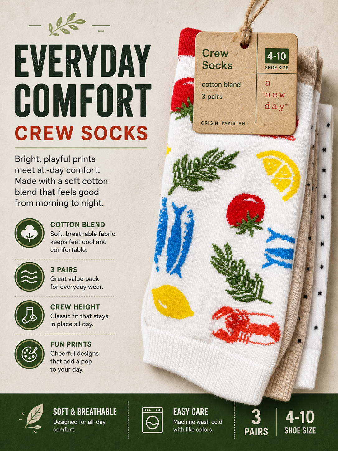 A • New Day cotton blend crew socks (3 Pair) 6-b
