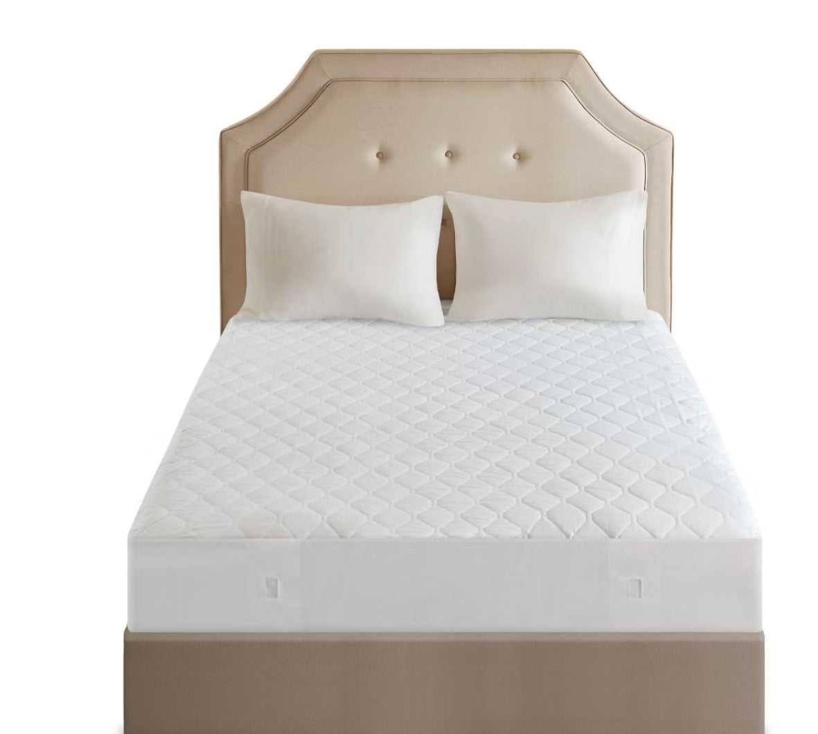 Beautyrest brand microfiber heated mattress pad featuring 3M Scotchgard protection. 3-A