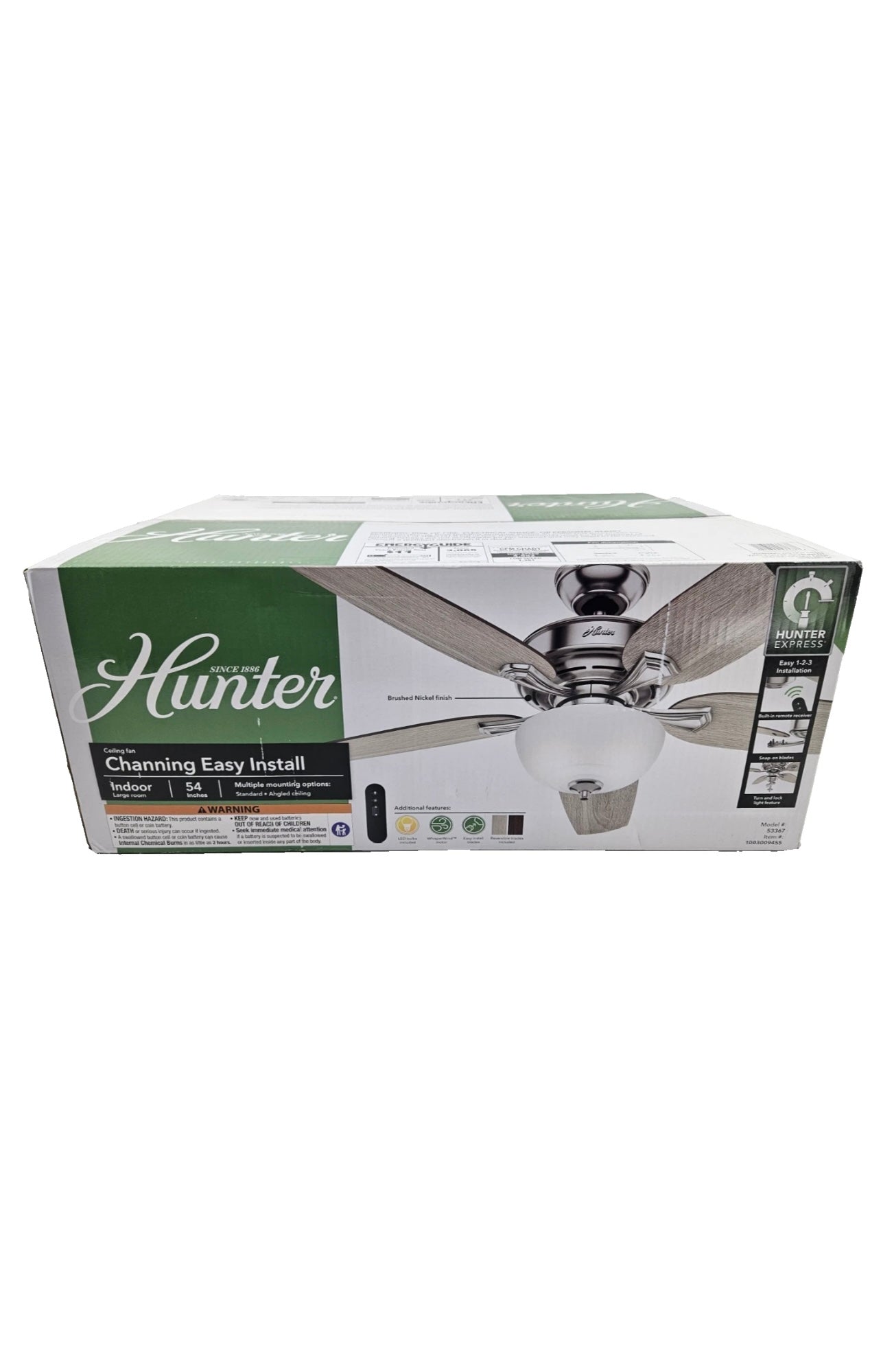 Hunter Channing 54" Ceiling Fan, model #53367, featuring reversible blades. B-W