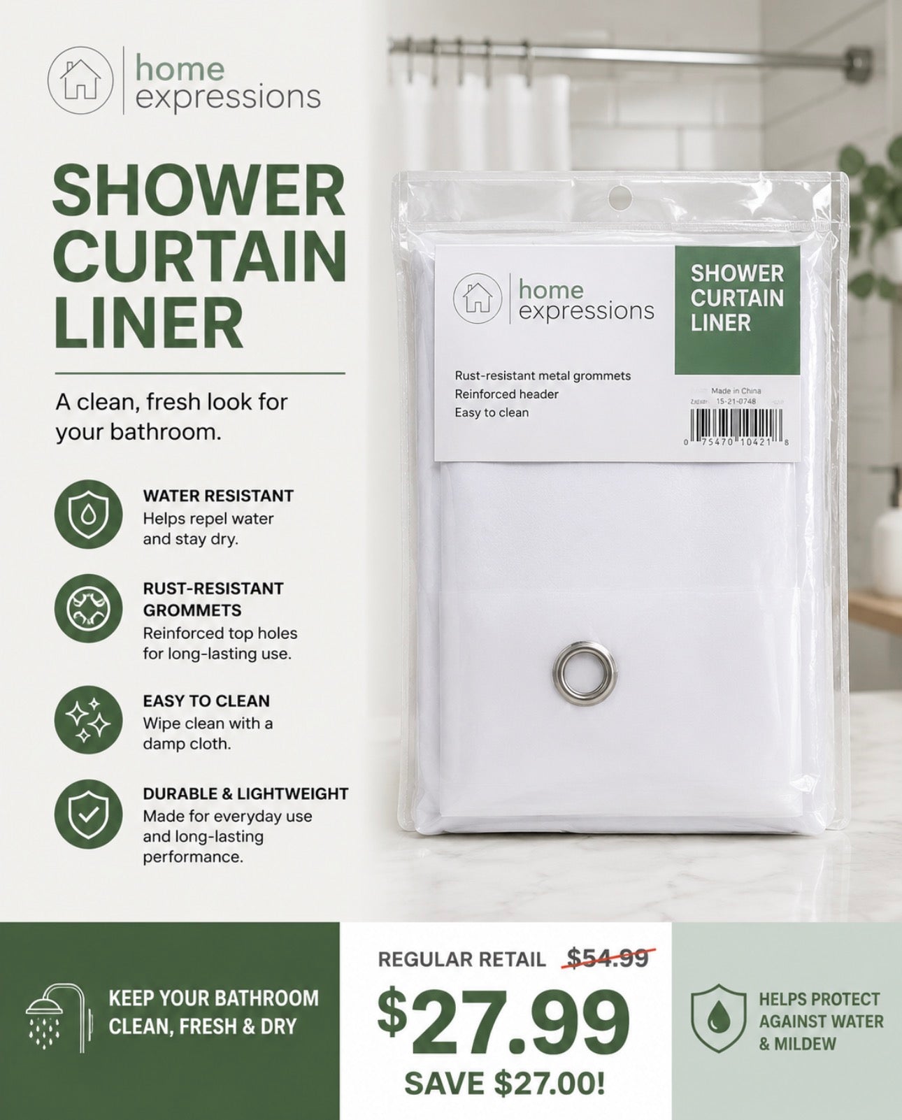 Haven recycled peva shower curtain liner    8A