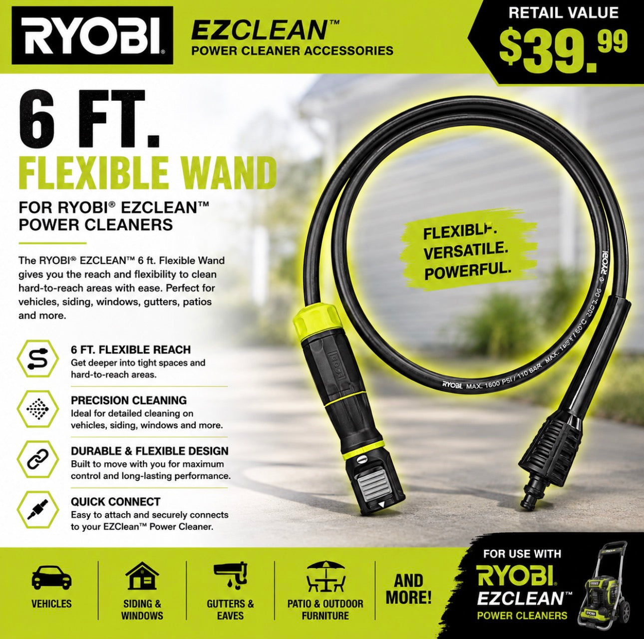 RYOBI EZCLEAN POWER CLEANER 6' FLEXIBLE WAND 1-b