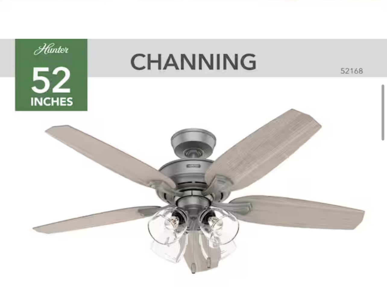 Hunter Channing 52 in. Indoor Matte Silver Ceiling Fan (Model 52168) with an included light kit B-W