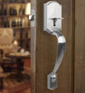 Defiant Castle satin nickel entrance door handleset features a classic design with an included Hartford interior knob 4-B