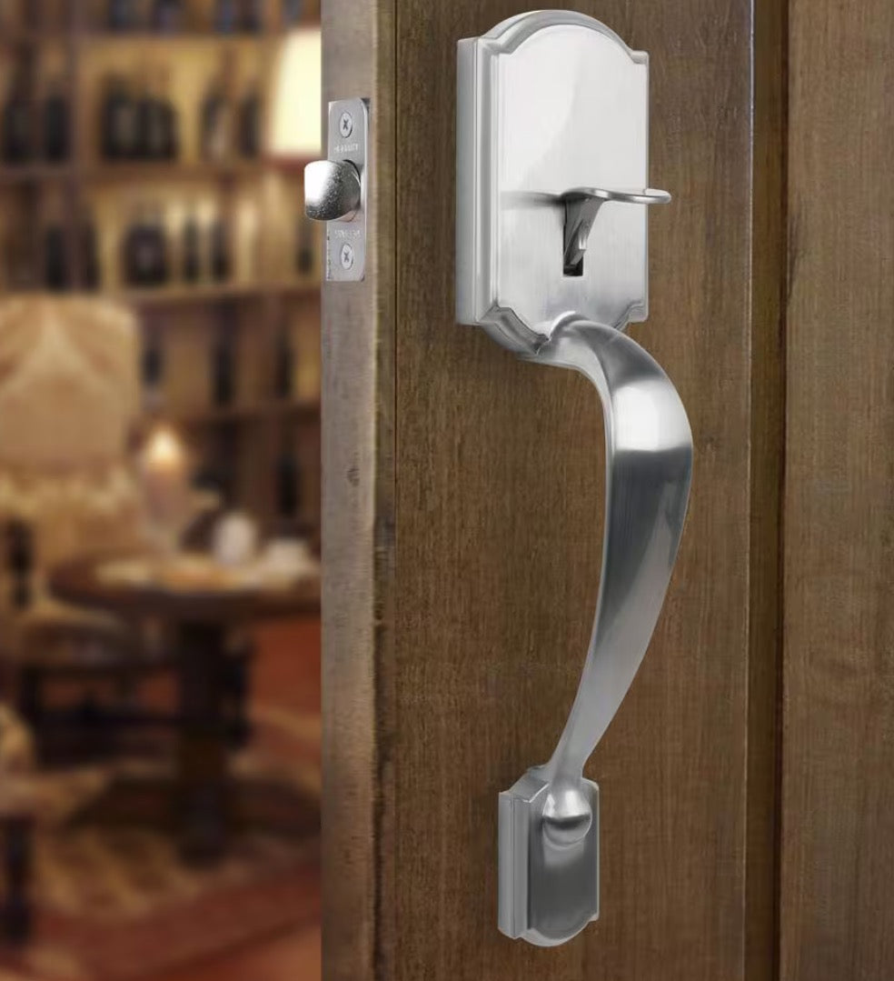 Defiant Castle satin nickel entrance door handleset features a classic design with an included Hartford interior knob 4-B