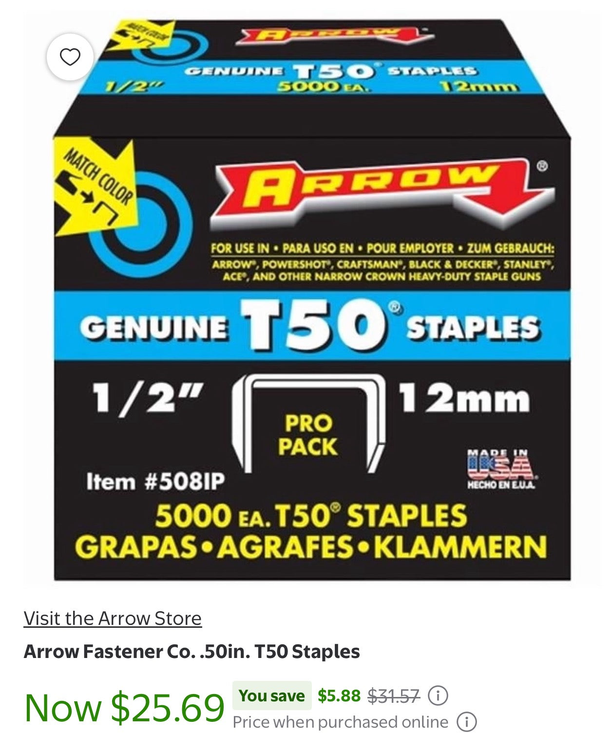 Arrow Fastener T50 1/2-inch (12mm) heavy-duty staples