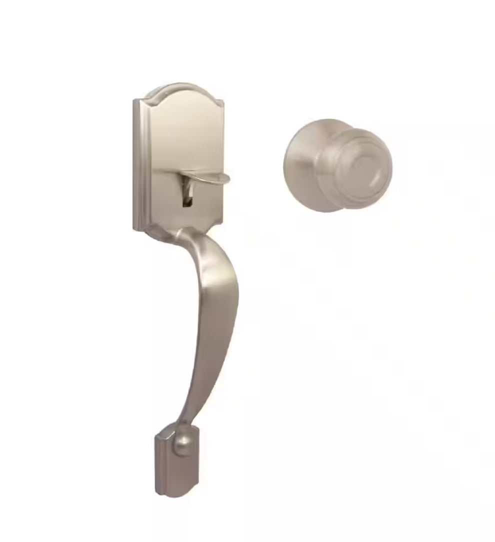 Defiant Castle satin nickel entrance door handleset features a classic design with an included Hartford interior knob 4-B
