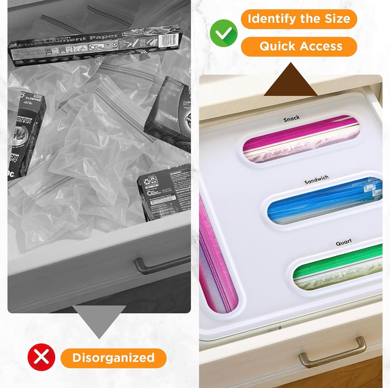 Ziplock Bag Organizer for Drawer + Fridge, Magnetic Kitchen Baggie Storage