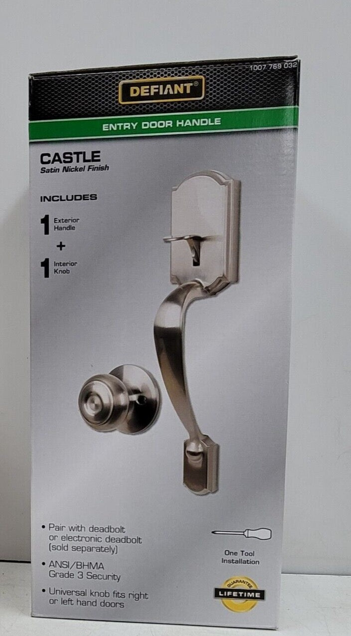 Defiant Castle satin nickel entrance door handleset features a classic design with an included Hartford interior knob 4-B