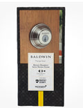 Baldwin Prestige Series Round Deadbolt in a satin nickel finish, featuring a modern, rounded design 3-B