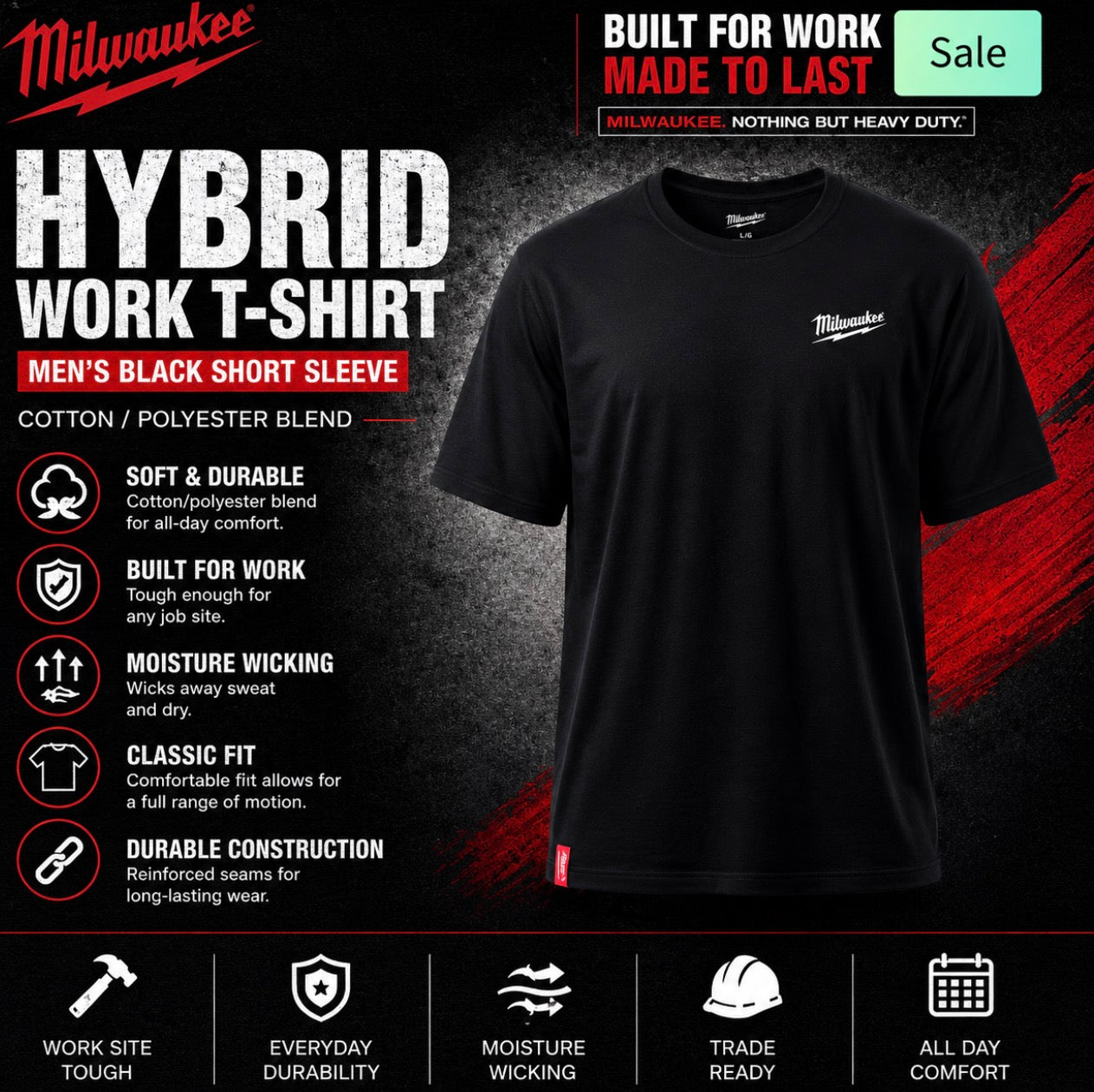 Milwaukee Men's Cotton/Polyester Short-Sleeve Hybrid Work T-Shirt 10-B