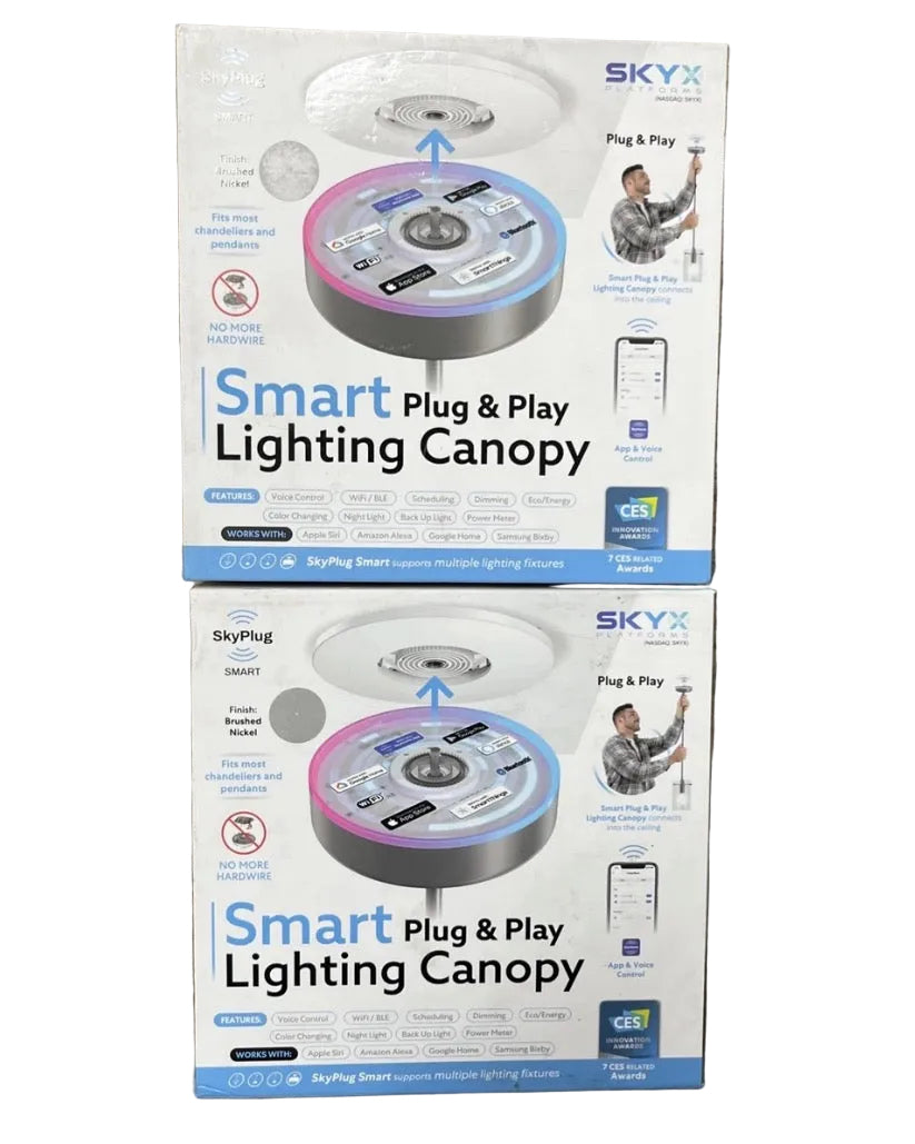 SkyX SkyPlug Smart Plug & Play Lighting Canopy in a brushed nickel finish, designed to convert traditional hardwired light fixtures into a plug-and-play system. 4-B
