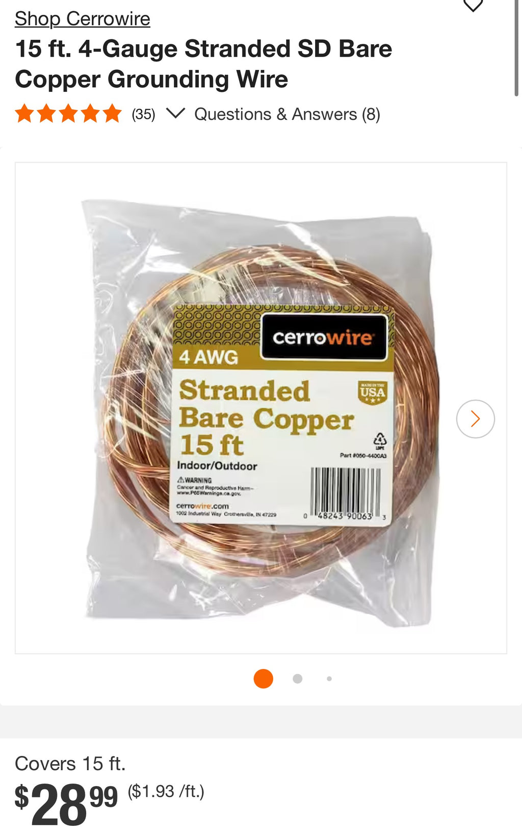 Cerrowire 4 AWG Stranded Bare Copper Wire