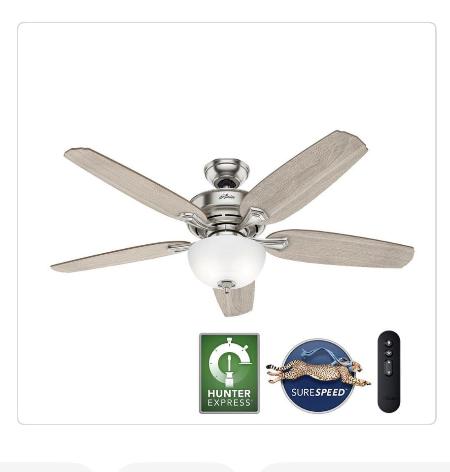 Hunter Channing 54-inch indoor ceiling fan in brushed nickel. BW