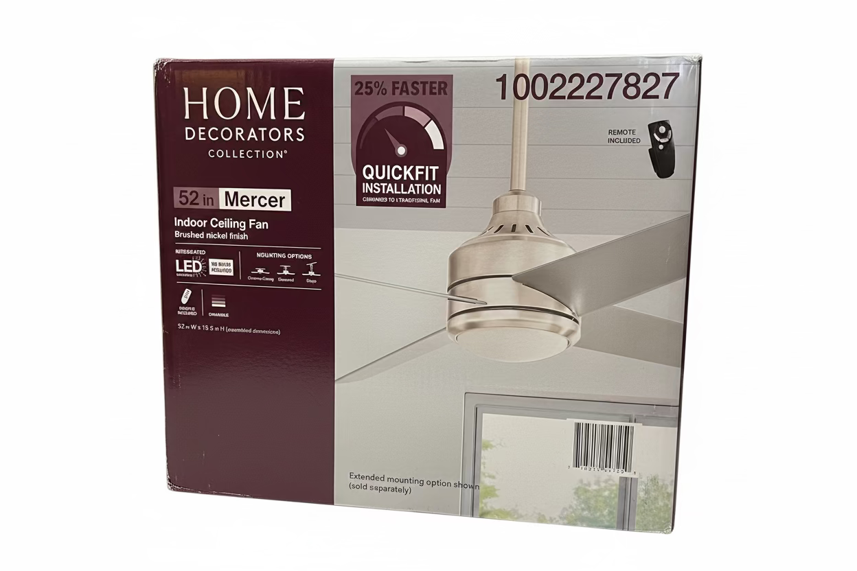 Home Decorators Collection Mercer 52 in. Brushed Nickel Ceiling Fan, model number 54725. B-W
