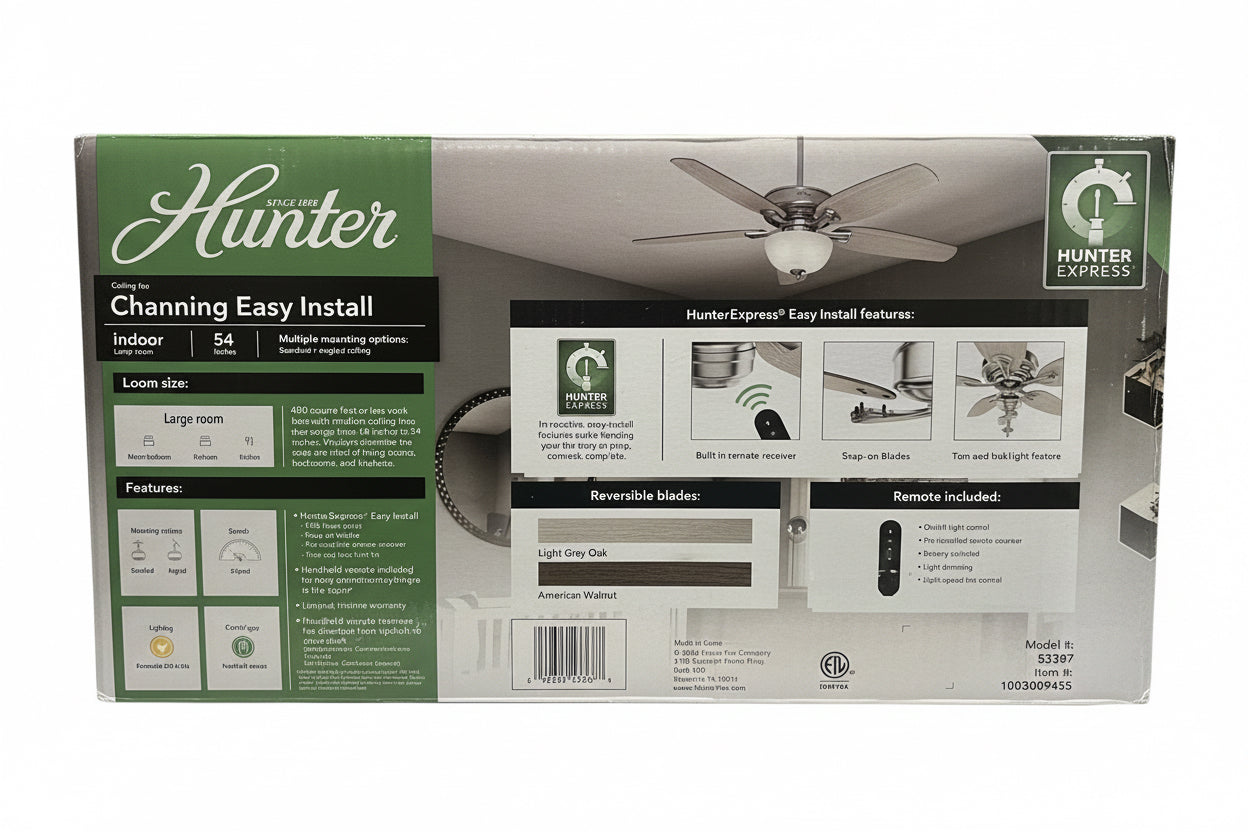 Hunter Channing 54-inch indoor ceiling fan in brushed nickel. BW