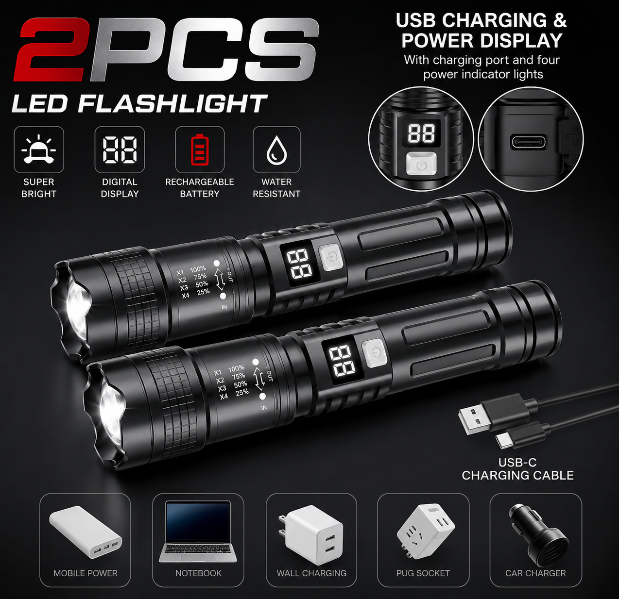 2 Pack Rechargeable High-Power LED Flashlights (4D1)