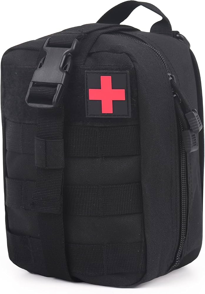 tactical IFAK (Individual First Aid Kit) pouch featuring MOLLE webbing and a detachable velcro medical patch. 6-A