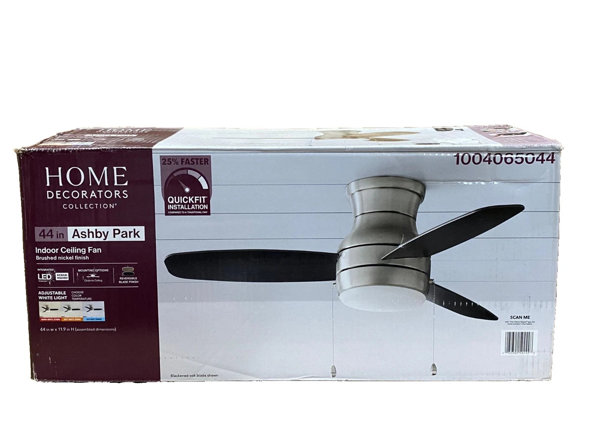 Home Decorators Collection Ashby Park 44 in. Brushed Nickel ceiling fan with an integrated LED light. B-W