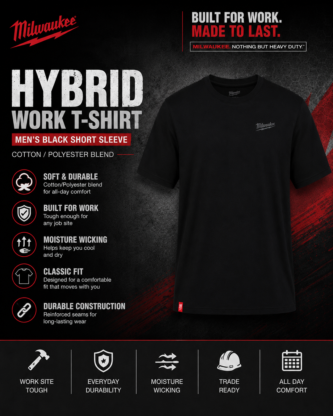 Milwaukee Men's Cotton/Polyester Short-Sleeve Hybrid Work T-Shirt 10-B