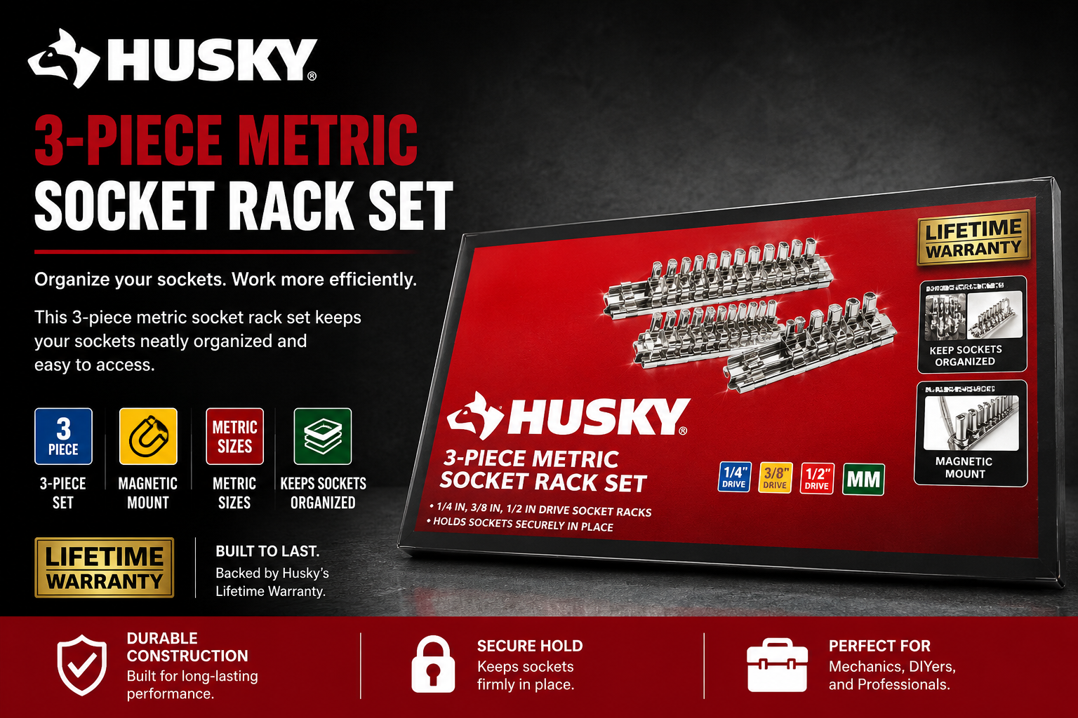 Husky 3 piece metric socket rack set 4B