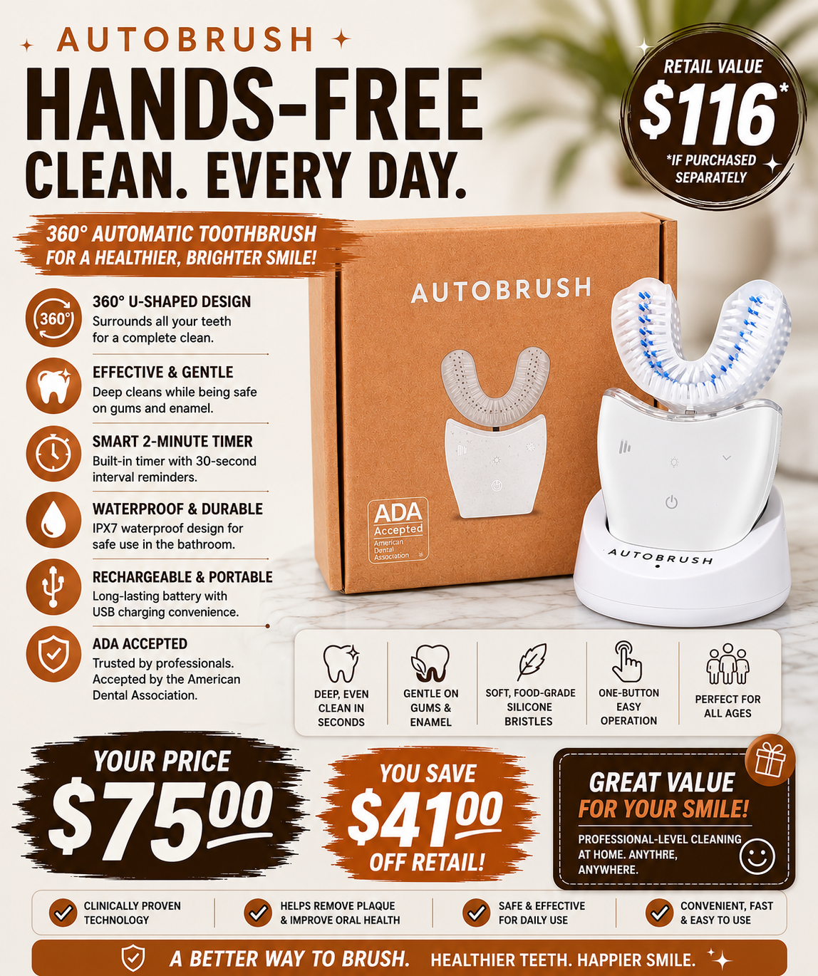 Autobrush Electric Toothbrush, U-Shaped, Whole Mouth Clean, ADA Accepted 4C
