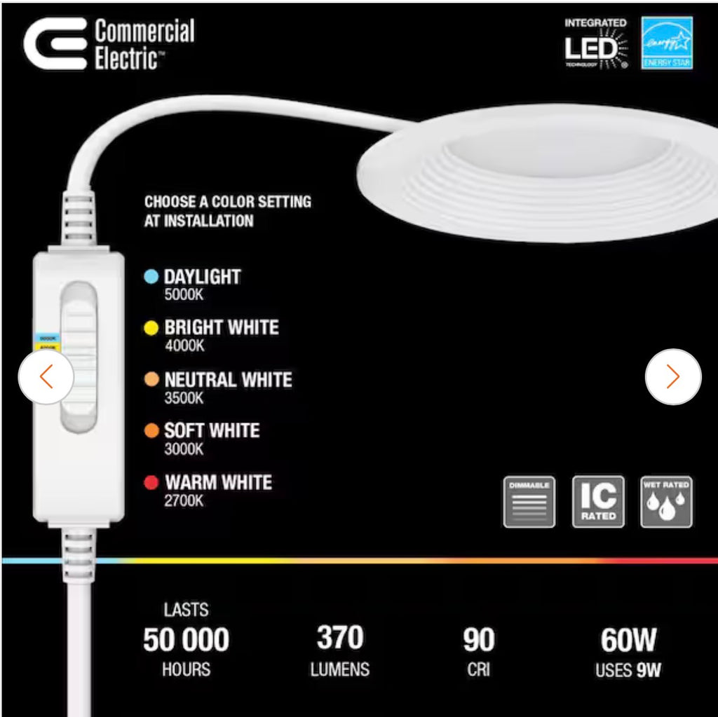 Commercial Electric Premium Series 3 in. LED, 2-Level Lumen Select, Baffle Canless Recessed Light 2-c