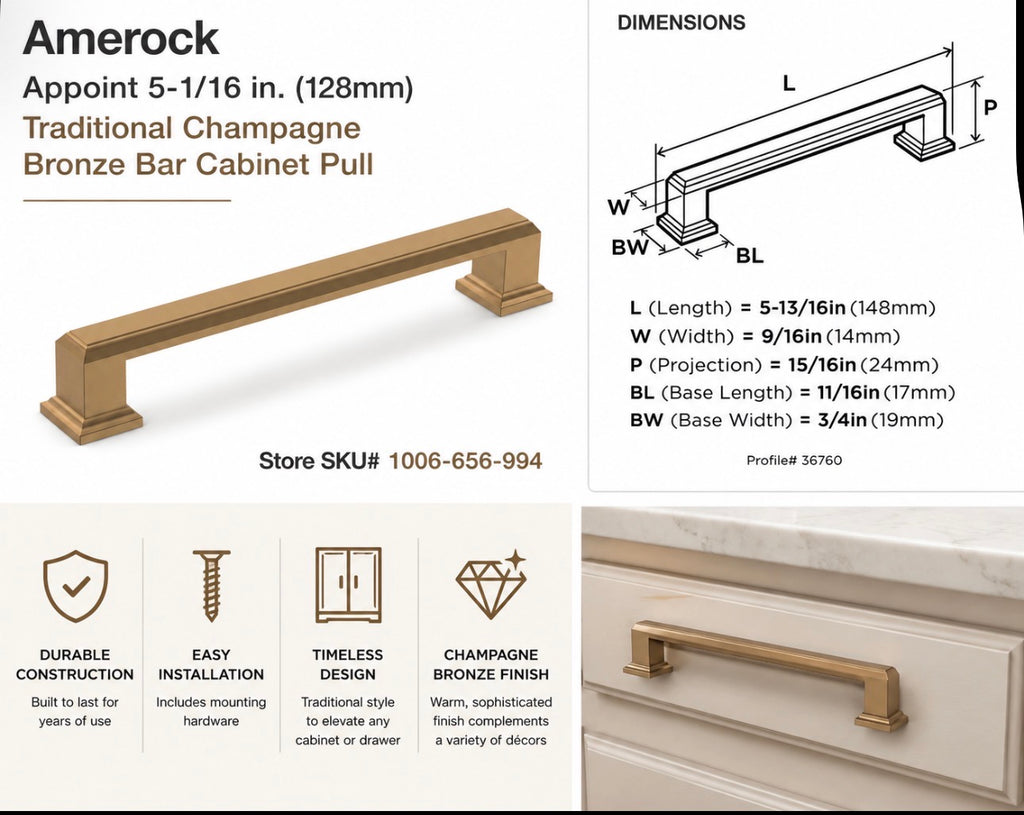 Amerock  Appoint 5-1/16 in. (128mm)  Bar Cabinet Pull
