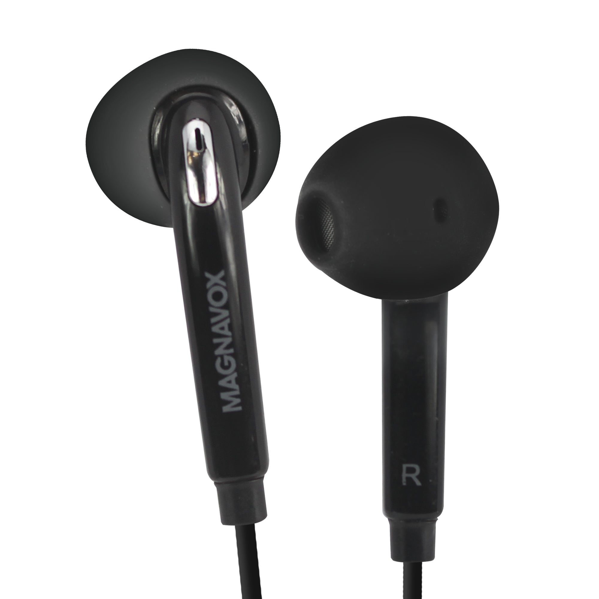 Magnavox Black Sweatproof Earbuds with Microphone & Kevlar Reinforced Optical Fiber Cable