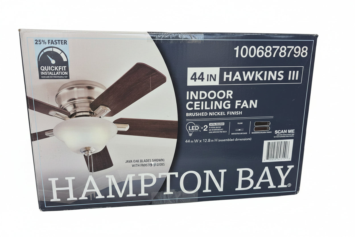 Hampton Bay Hawkins III 44-inch indoor brushed nickel ceiling fan with LED light. BW