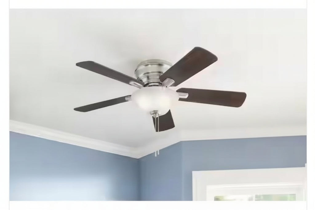 Hampton Bay Hawkins III 44-inch indoor brushed nickel ceiling fan with LED light. BW