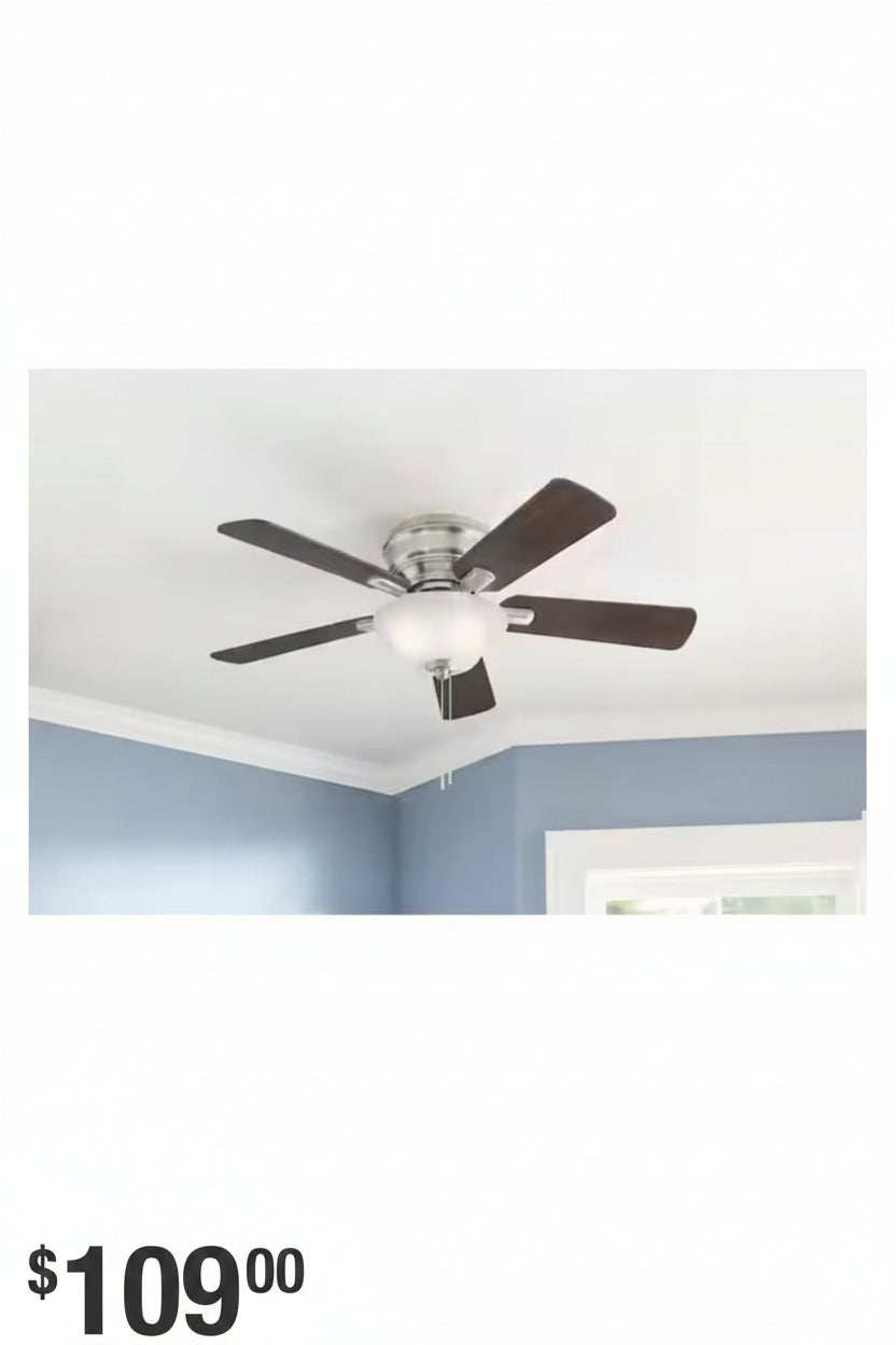 Hampton Bay Hawkins III 44-inch indoor brushed nickel ceiling fan with LED light. BW